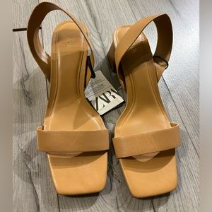 ZARA New WIDE HEEL LEATHER SANDALS Brown SIZE 6.5